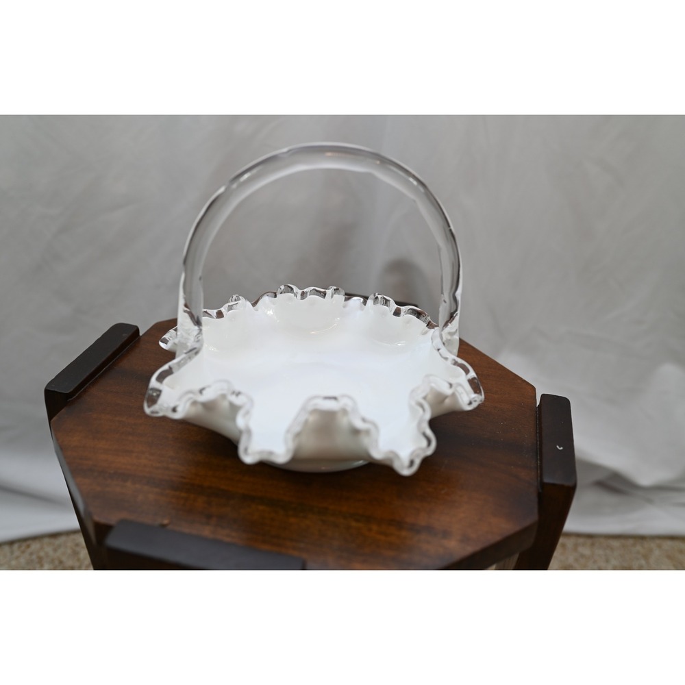 Fenton Silvercrest Ruffled Milk Glass Basket Clear Edge Vintage Art Glass 7.25"